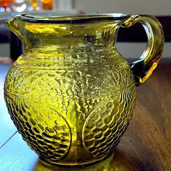 Vintage Avalos Mexican Handblown Floral & Fruit Small Amber/Green Glass Pitcher - Picture 1 of 16